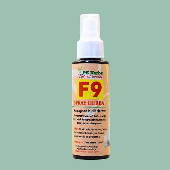 Ubat spray F9 adalah ubat 100% herba untuk merawat penyakit kurap (mange) haiwan seperti kucing, anjing, arnab dan haiwan-haiwan lain